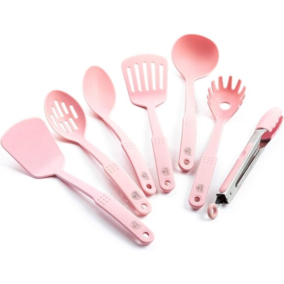 7 Piece Nylon Set Spatulas Turner Spoons and Tongs Soft Pink Cooking Tools - Picture 4 of 10